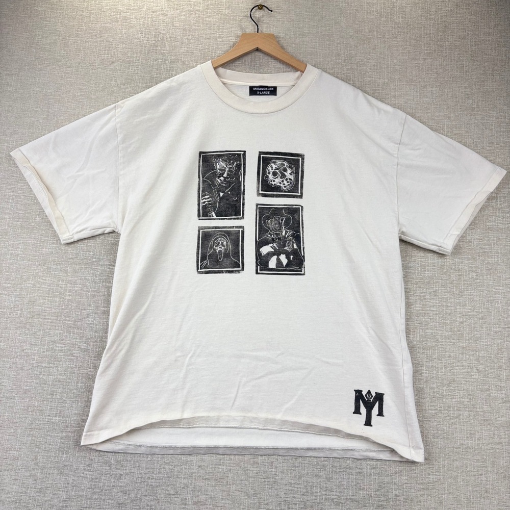 Miranda Ink Horror Movie Characters Mens XL Graphic T-Shirt Cream Woodcut Print
